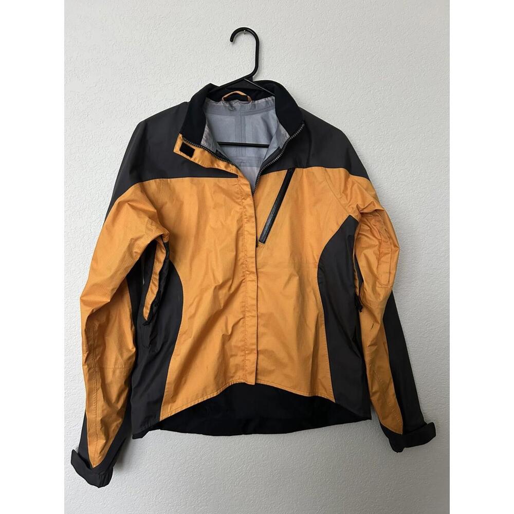 REI Ride Dry Rain Jacket Orange w/ reflective strips on back chest pocket